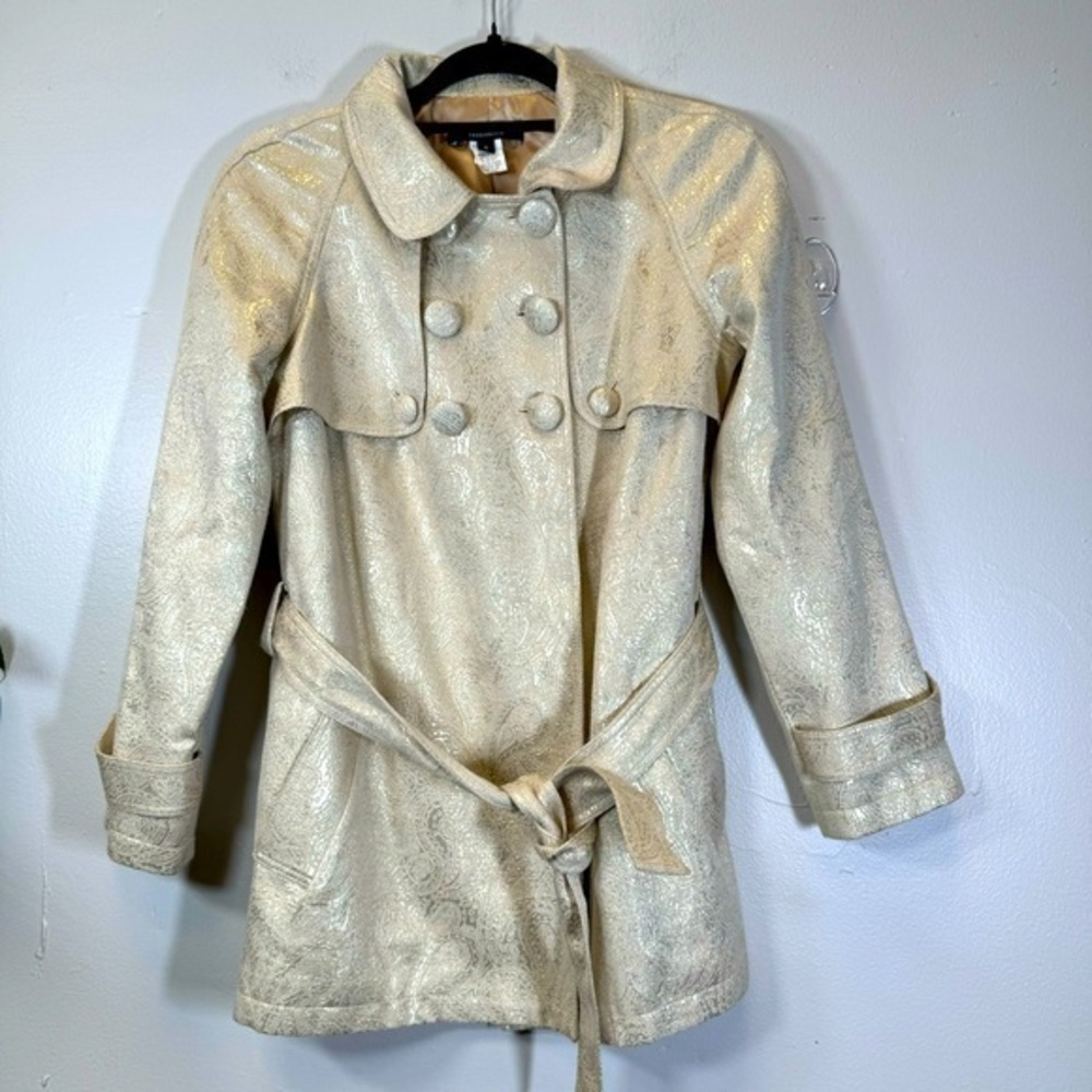 Vintage Gold metallic paisley print trench coat jacket women small y2k fairy